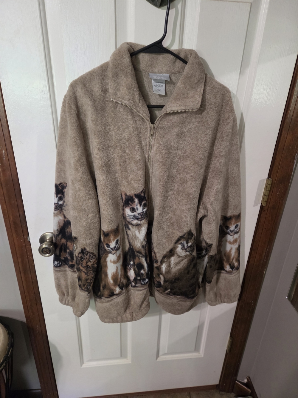 Blair Beige Cat Print Zip Front Fleece Jacket